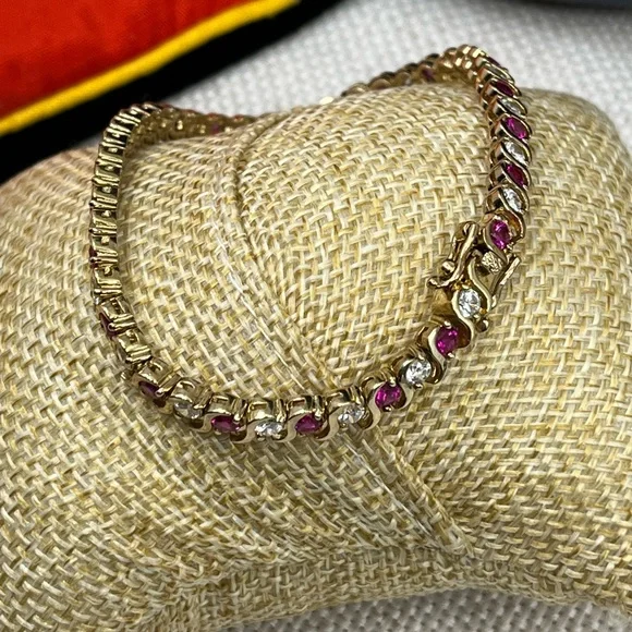 Vintage Gold Over 925 Sterling Silver Ruby & CZ Tennis Bracelet - Picture 7 of 16